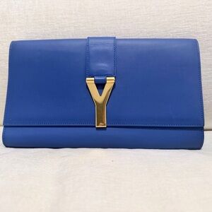 Saint Laurent Y Ligne Leather Clutch – Blue with Gold Hardware
